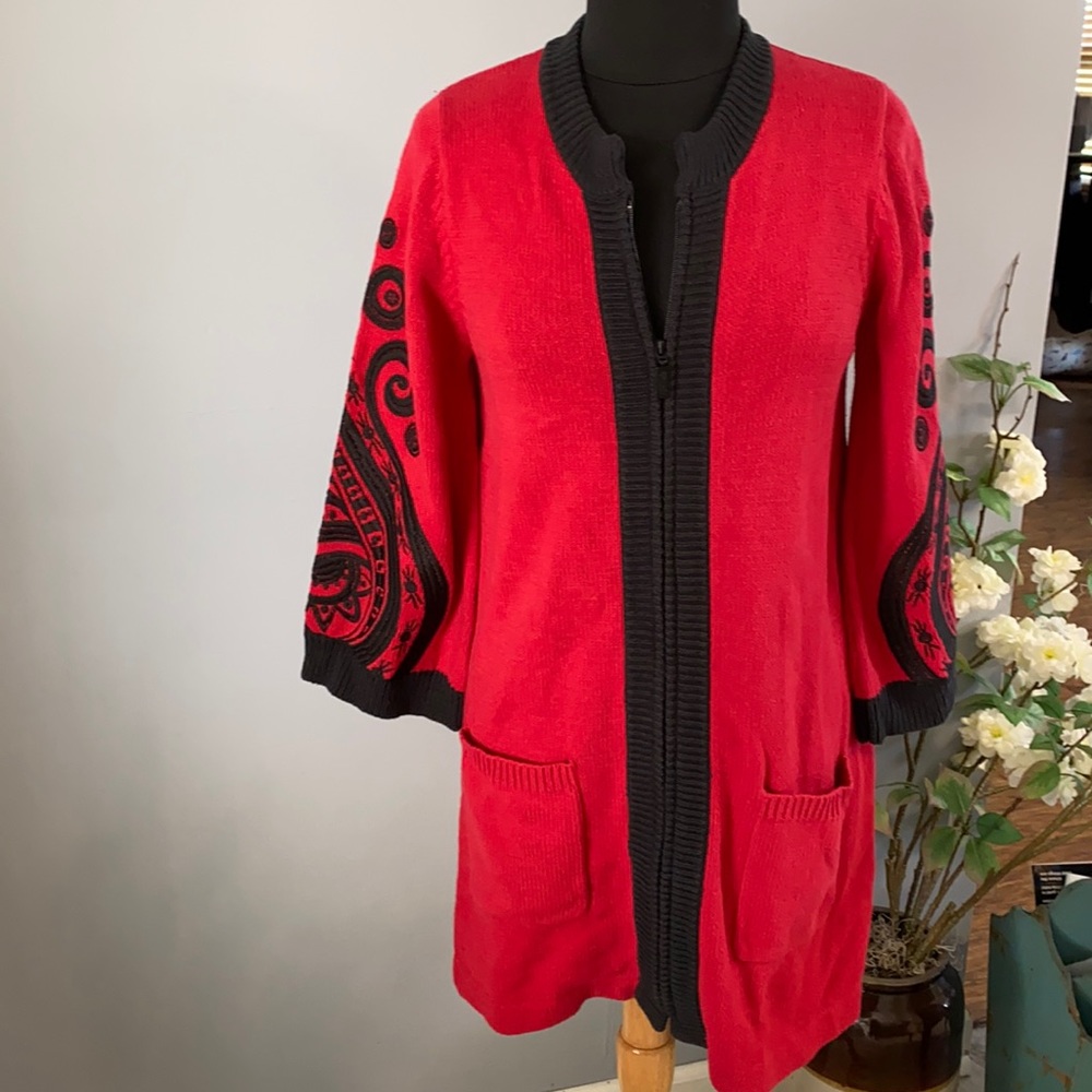 Vintage Bob Mackie wearable art long line cardigan with embroidered sleeves. Sm